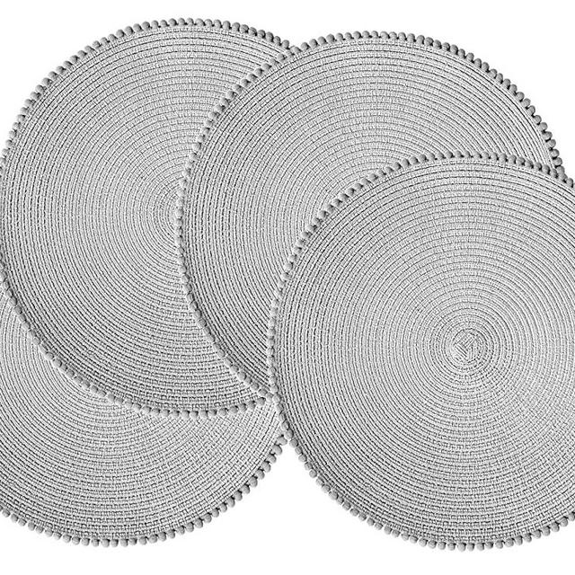 Round Placemats for Dining Table Set of 4, Size in 15 Inches Diameter. Circular Place Mat with Pompom Fringe (Grey)