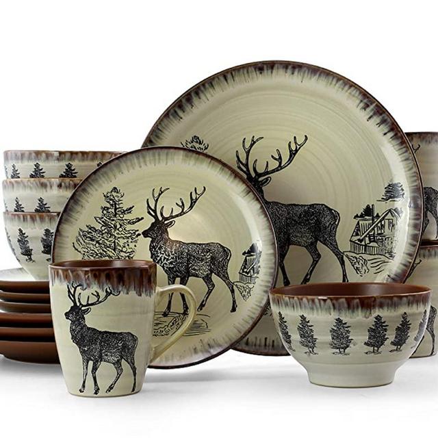 Elama Round Stoneware Cabin Dinnerware Dish Set, 16 Piece, Elk Design with Warm Taupe and Brown Accents