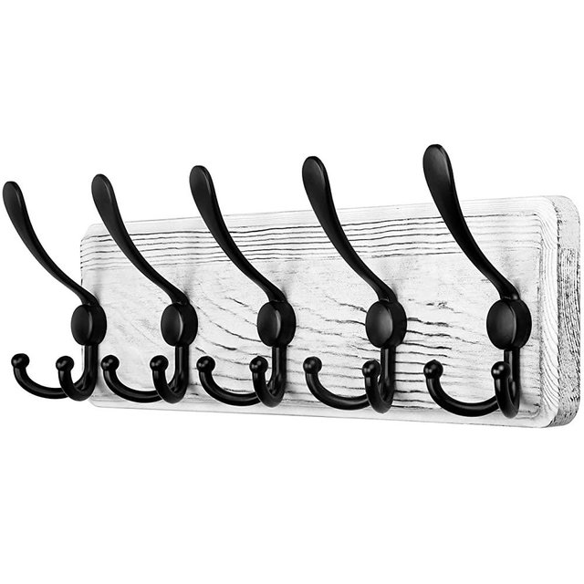 SKOLOO Rustic Wall Mounted Coat Rack: 16-inches Hole to Hole, Pine Solid Wooden Coat Hook Hanger - 5 Hooks for Hanging Clothes Robes Towels Coats