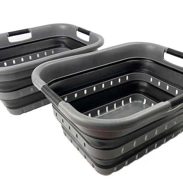 SAMMART 41L (10.8 gallon) Set of 2 Collapsible 3 Handled Plastic Laundry Basket-Foldable Pop Up Storage Container/Organizer-Portable Washing Tub-Space Saving Hamper/Basket (2, Grey/Black)
