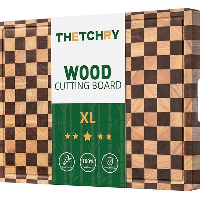 THETCHRY Cutting Boards for Kitchen, Extra Large Chopping Board for Stovetop, Checkered Acacia Wood Cutting Board with Juice Grooves, Butcher Block with Gift Box, 20" x 15" x 1"