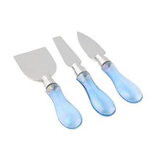 3pc Iridescent Blue Glass Cheese Knife Set