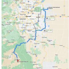 From Denver International Airport this route is paved until you reach CO- 67 where a section of this route is a dirt road. This route includes tolls. Drive Time: Approx. 1 hour 50 Minutes
