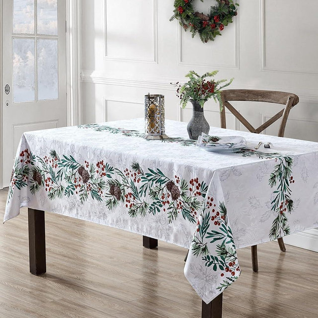 Elrene Home Fashions Holly Berry Flourish Holiday/Christmas Wrinkle Resistant Fabric Rectangle Dining Tablecloth, 60"x84"