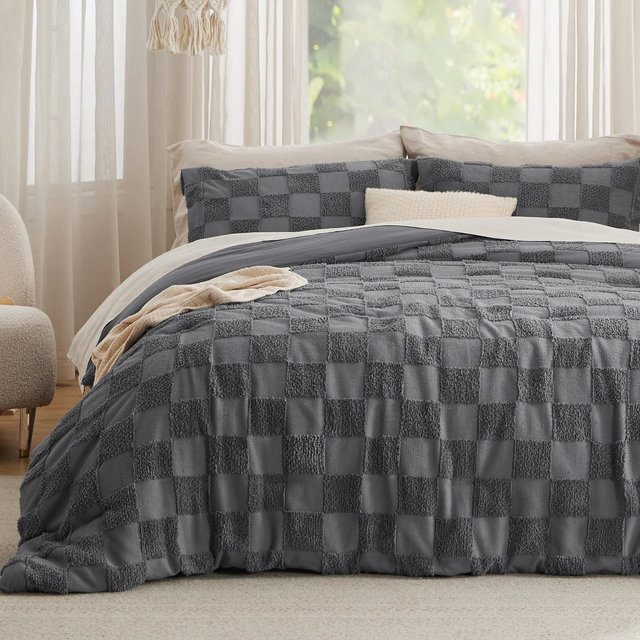 3 Pieces Bedsure King Comforter Set Dark Grey Tufted Checkboard Boho Tufted Checkered Farmhouse Shabby Chic Bedding Valentine gift OEKOTEX Certified