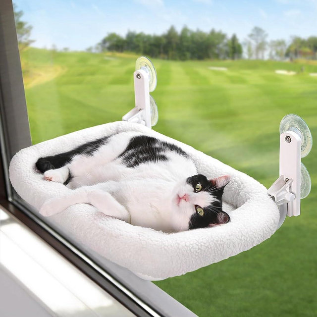 Zakkart Cat Hammock for Window - Foldable, Cordless, Embeded Machine Washable Padded Bed, Robust Metal Frame - Cat Window Perch for Large Cats and Kittens - White