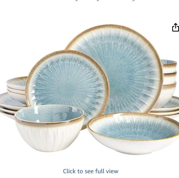Gibson Elite Mayfair Bay 16-Piece Embossed Double Bowl Dinnerware Set, Service for 4 – Blue Stoneware Plates and Bowls