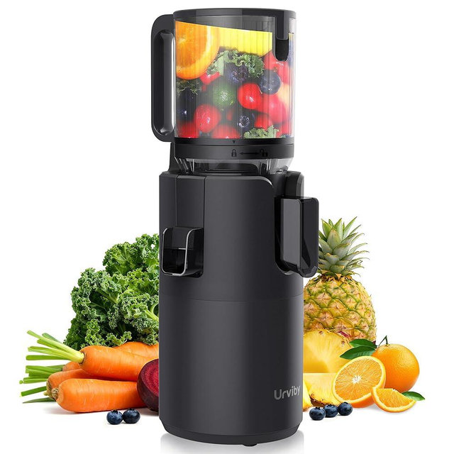 URVIBY Juicer Machines, 5.3" Large Feed Chute Cold Press Juicer with Double Press Technology, 400W Motor, High Juice Yield, Easy to Clean, Masticating Juicer for Whole Vegetables & Fruits, Dark Black