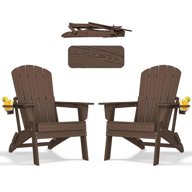 nevilywood Folding Adirondack Chair with Cup Holder Set of 2, HDPE Patio Chairs,All-Weather Outdoor Chairs for Backyard, Deck,Fire Pit-Coffee