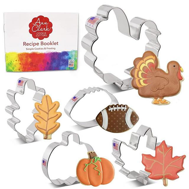 Fall Thanksgiving Cookie Cutter 5 Piece Set with Recipe Booklet, Maple Leaf, Turkey, Oak Leaf, Pumpkin, Football Made in USA by Ann Clark Cookie Cutters