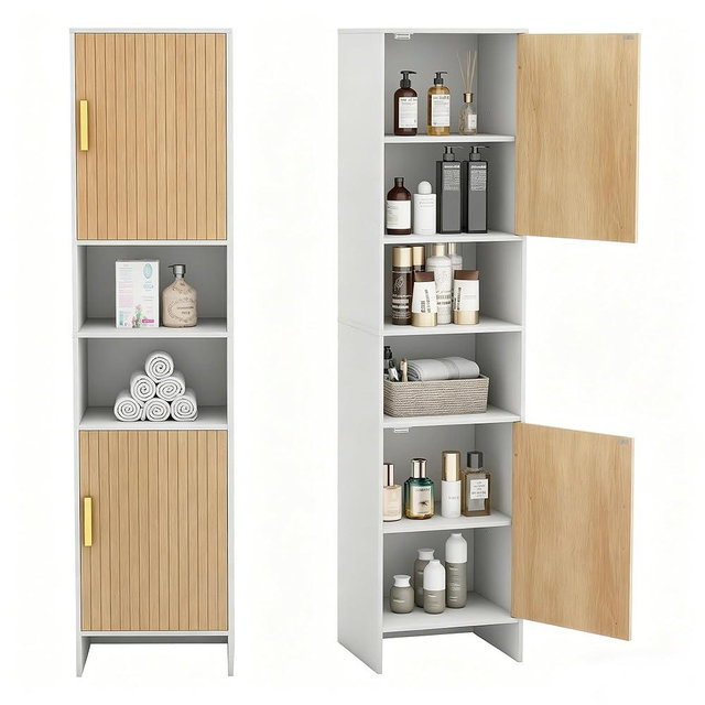 UYIHOME Tall Storage Cabinet, 13.15 Inch Narrow Bathroom Cabinet with USB Magnetic Light, Open Shelf, Magnetic Doors, 2 Adjustable Shelves, Anti-Tip Kit for Small Spaces, Living Room, White, 57.1" H