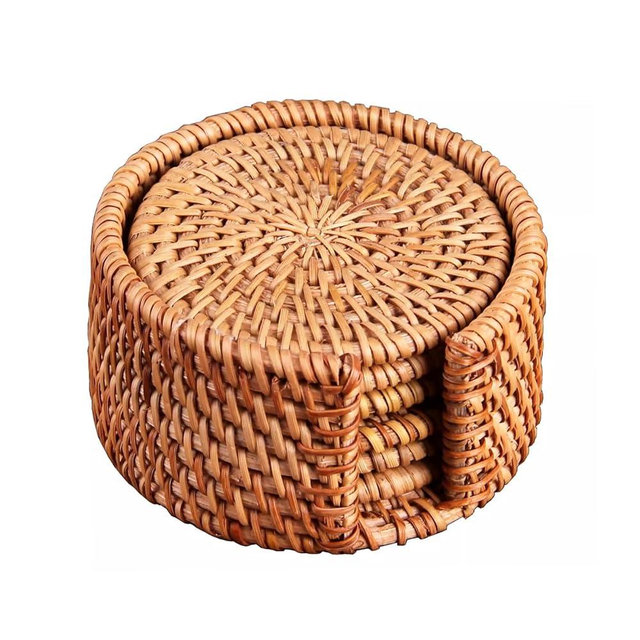 LxBrillxiant Handmade Rattan Coasters Set of 6 with Holder - Woven Aesthetic Drink Coasters for Table & Desk, Natural Boho Farmhouse Rustic Coffee Cup Pads, Home Bar Patio Table Outdoor Decor (Round)