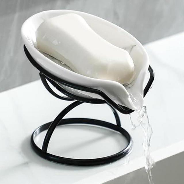 Dobbyby Leaf-Shaped Soap Dish – Premium Ceramic Soap Bar Holder with Self-Drainage System – Bar Soap Holder for Shower, Bathroom Sink, Kitchen – Waterfall Soap Dish with Stainless Steel Stand (BLACK)
