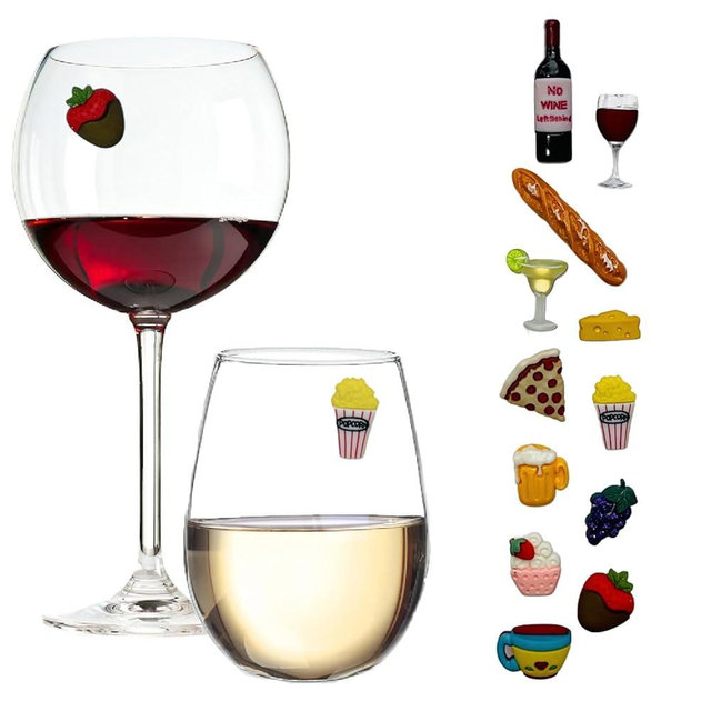 Simply Charmed Magnetic Wine Glass Charms – Drink Markers for Guys and Gals, Happy Hour Fun, Set of 12, Unique Wine Bottle and Charcuterie Designs