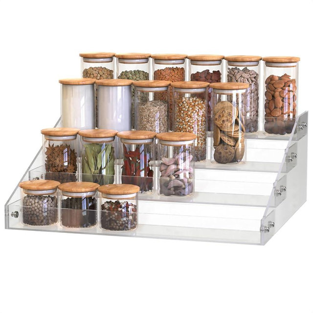 4 Step Acrylic Spice Rack Organizer for Cabinet, Transparent Display Riser Shelf Seasoning Organizer for Countertop Cupboard Pantry, Condiment Jar Kitchen Storage Holder Stylish Display Stand