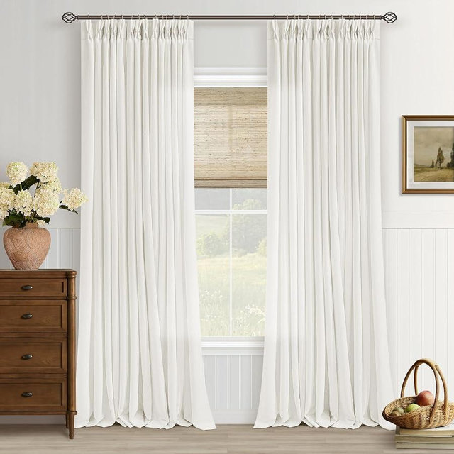 Linen Curtains 90 Inches Long Pinch Pleated for Living Room Bedroom 2 Panels Set Light Filtering Semi Sheer Pinch Pleat Hooks Rings Back Tab Memory Trained Cream Ivory Window Drapes 90 Inch Length