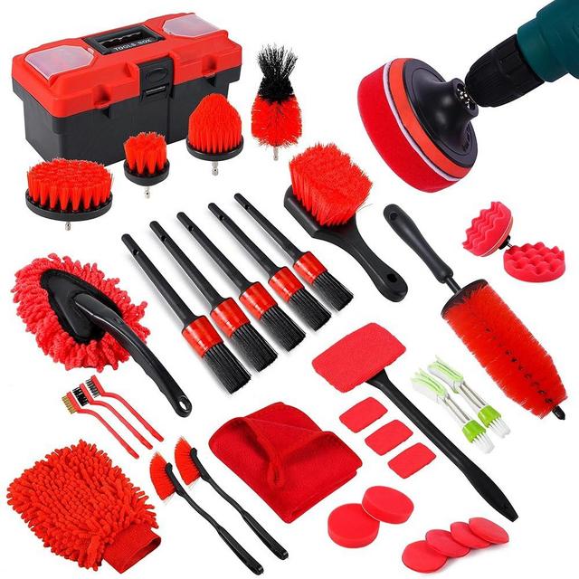 MIANYINGR 35Pcs Car Detailing Kit, Car Cleaning Kit with Windshield Cleaning Tool and Tool Box, Interior & Exterior Auto Care Supplies and Brushes (B：35PCS-R)