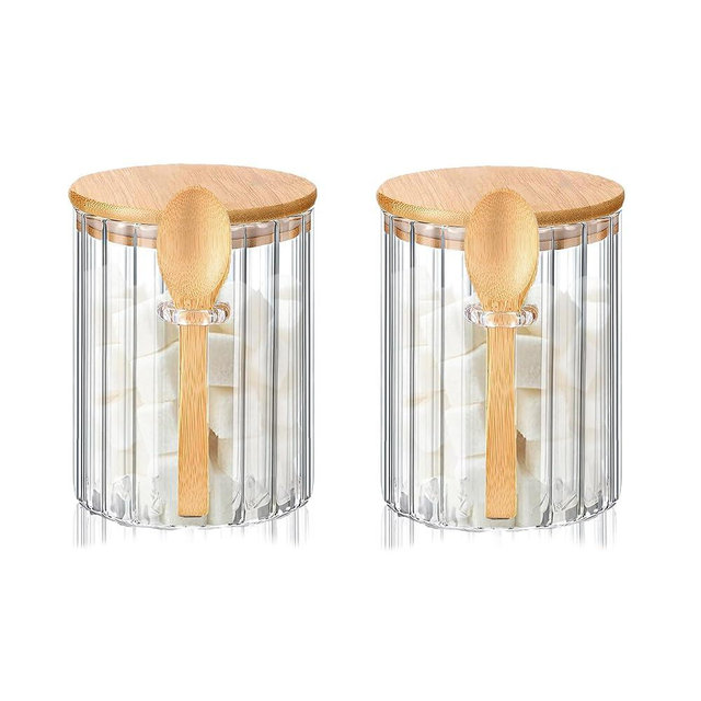 Glass Jar Sugar Container with Bamboo Spoons Lids 16 oz Sugar Bowl Coffee Bar Food Storage Jar Cereal Nuts Salts Coffee Tea Flour Sugar Container Spice（2Pack）