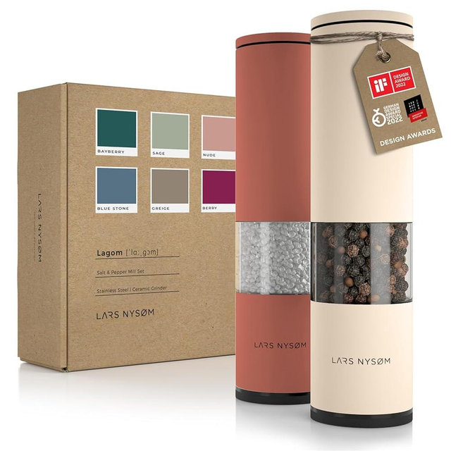 LARS NYSØM Salt and Pepper Grinder Set 2 pieces I Salt Pepper Mill with Adjustable Ceramic Grinder I Design Spice Grinder Set Manual (Red/Beige)