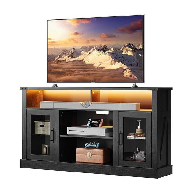 WLIVE TV Stand for 65 Inch TV, Retro Entertainment Center with LED Lights, Farmhouse TV Console wirh Open Shelves and Glass Cabinet Doors, Black