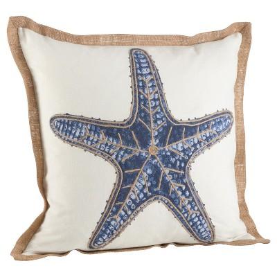 Navy Blue Star Fish Print Cotton Throw Pillow (20") - Saro Lifestyle®