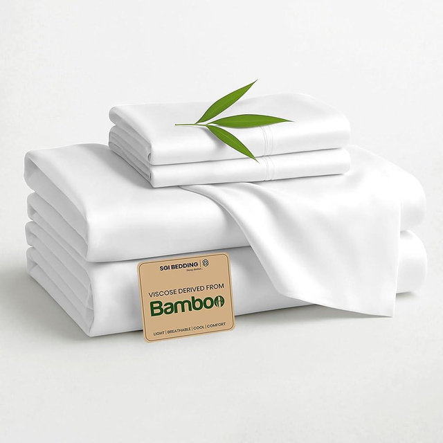 SGI bedding Hotel Quality Luxury Queen Sheet Set 4 Piece – 100% Organically Grown Bamboo Viscose, Ultra Soft, Cooling & Moisture-Wicking, 18-Inch Deep Pocket, Premium White Sheets
