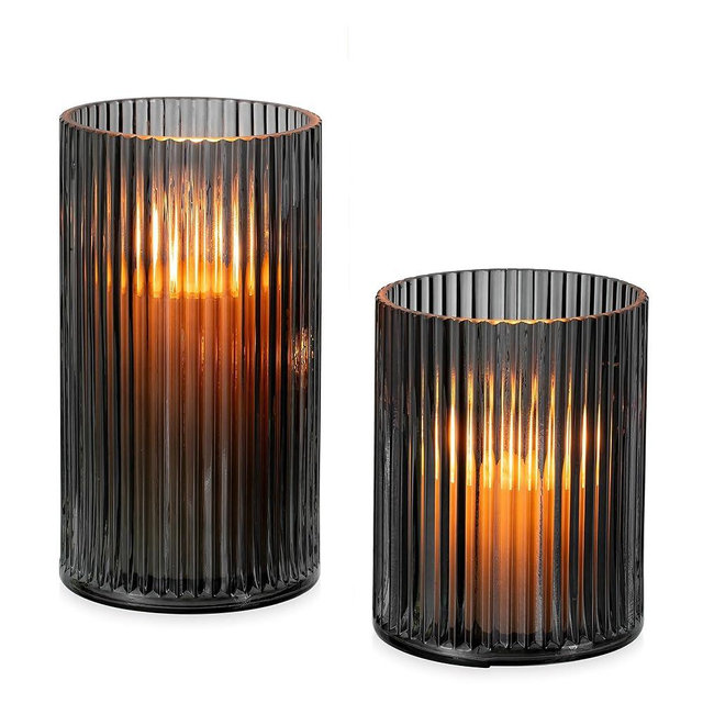 Glasseam Hurricane Glass Candle Holders: 2 Pcs Ribbed Cylinder Vases for Centerpieces Grey Pillar Candle Holder for Floating Candles Modern Home Decor Wedding Table 4.72''+6.63'' Height