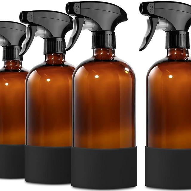 GMISUN Amber Glass Spray Bottles for Cleaning, 4Pack Brown Glass Spray Bottles, Spray Bottles for Cleaning, Reusable Cleaning Bottles for Plants, 4 Black Silicone Sleeves, 4pcs Adjustable Nozzles