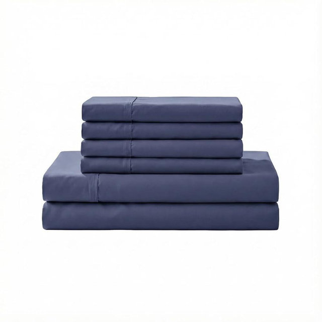 Linen Home 6 Piece Queen Cotton Sheet Set, 100% Cotton Percale, 4 Pillowcases, Deep Pocket with All Around Elastic Sheet, Crisp Breathable Bedding, Hotel Luxury, Long-Staple Combed Cotton, Dark Blue