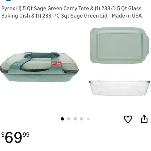 Pyrex (1) 5 Qt Sage Green Carry Tote & (1) 233-D 5 Qt Glass Baking Dish & (1) 233-PC 3qt Sage Green Lid - Made in USA