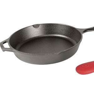 Lodge 12 Inch Cast Iron Skillet with Red Silicone Hot Handle Holder – Pre-Seasoned Frying Pan for Stove, Oven, Grill & Campfire – Made in the USA – Durable, Nonstick Cast Iron Cookware – Black