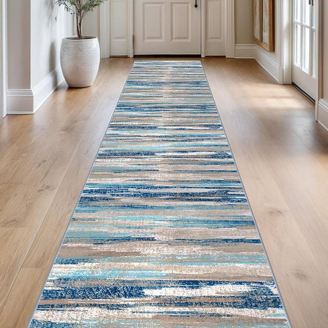 Lansny Modern Abstract Runner Rug 2.6x14, Blue Washable Long Kitchen Runner Non-Slip Soft Hallway Rug Runner Thin Print Faux Wool Carpet for Entryway Bedroom Laundry Room Indoor Home Decor