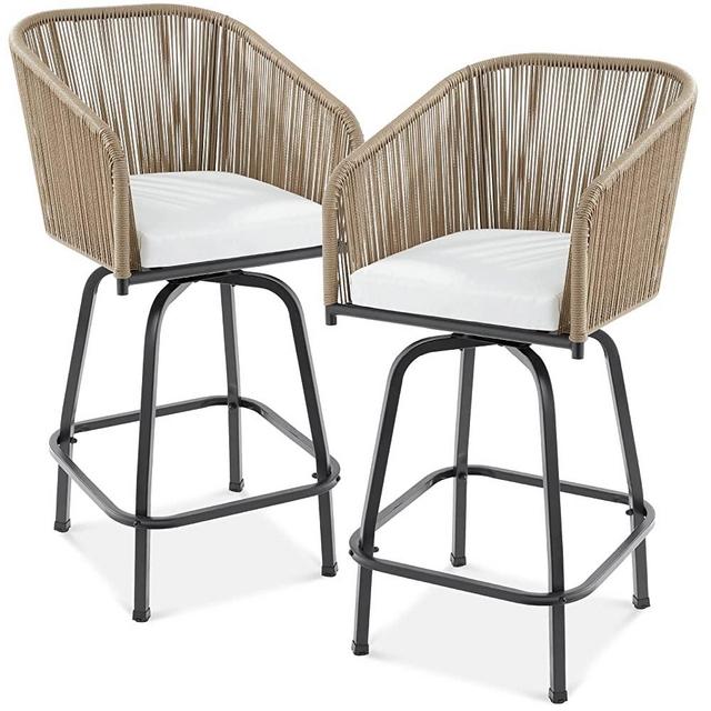 Best Choice Products Set of 2 Woven Wicker Swivel Bar Stools, Patio Bar Height Chair for Backyard, Pool, Garden, Deck w/ 360 Rotation, 250lb Capacity - Natural/Ivory