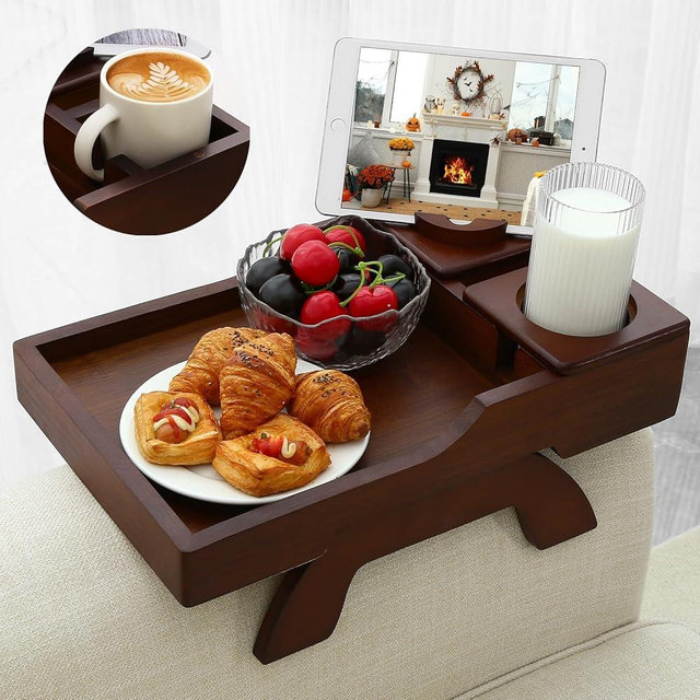 BAMBOOTRAY Couch Cup Holder, 4-in-1 Side Couch Arm Tray with Phone&Pad Holder, Sofa Clip on Side Table for Wide Couches Arm, Suitable for Home Drinks/Remote/Snacks