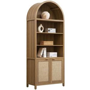 Reclaimed Caramel Oak SICOTAS Book Shelf Arched Cabinet Bookshelf Arch 84.2" Tall Bookcase 5 Tier Large Bookshelves with Doors Storage Rattan Boho Wide Book Shelves Case for Living Room Kitchen Office Bedroom Library