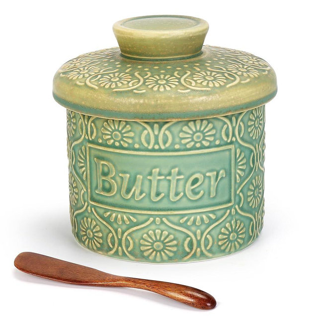 6.7oz French Butter Dish, Butter Crock for Counter with Water Line, Ceramic Butter Keeper for Spreadable Butter with Wooden Spreader(Green)