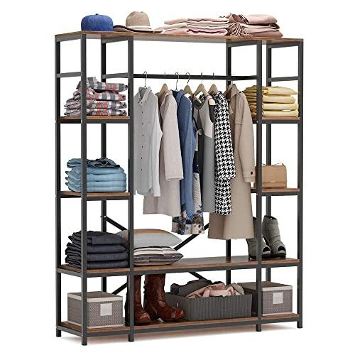 Tribesigns Free standing Closet Organizer, Heavy Duty Clothes Closet Storage with Hanging Rod and Shelves, Extra Large Wardrobe Clothes Garments Rack,Capacity 400 lbs, Dark Walnut&Black