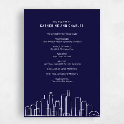 Navy, Blue Wedding Program - Chicago Skyline