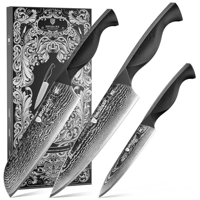 BRODARK Damascus Knife Set 3 PCS: Sharp Damascus Kitchen Knife Set, Professional Japanese Chef Knives with Ergonomic Full-Tang ABS Handle for Home, Restaurant (Dark Horse Series)