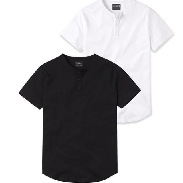 Cuts 2 Pack Men's Henley Curve Hem Short Sleeve T-Shirt, Black, White, XLarge