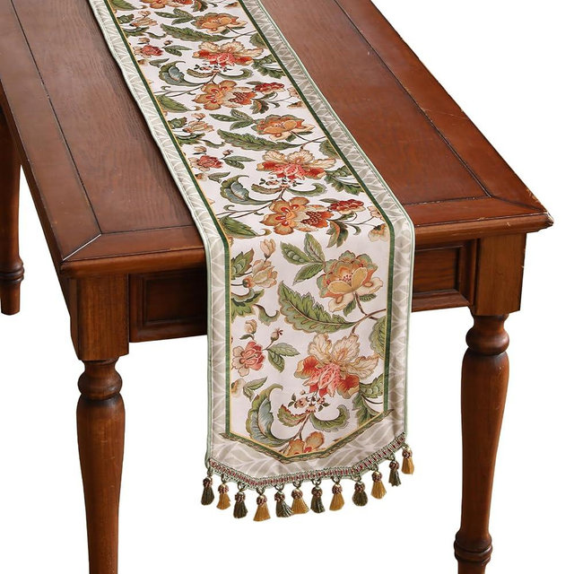 patdrea Designer Elegant French Floral Velvet Table Runner, Fresh Green with Orange Blossoms Pattern Table Mat, Decoration for Kitchen Dining Coffee Table Cabinet Banquet Thanksgiving,12"*71"