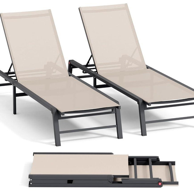 Aluminum Chaise Lounge Chair Outdoor, Foldable Patio Lounge Chair 2 Sets Assemble-Free, Pool Lounge Chairs with 5 Adjustable Backrest, Outdoor Lounge Chairs for Outside Poolside Beach Lawn Beige