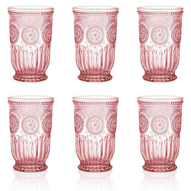 Pink Glassware set of 6 vintage drinking glasses, Dishwasher safe colored glassware with matching pink wine glasses or short pink glass cups for everyday use or as pretty glassware Wedding glasses