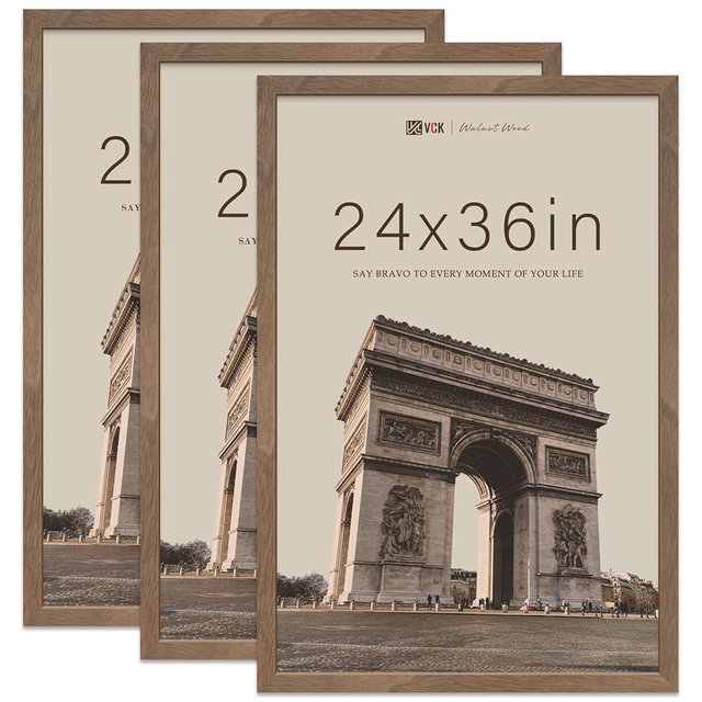 VCK 24x36 Poster Frame Brown Walnut - 3 Pack, Exclusive Natural Wood Grain Solid Wood Picture Frame, Wall Hanging