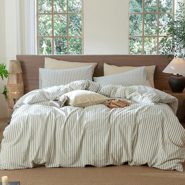 MooMee Striped Duvet Cover Set 100% Washed Cotton Linen Like Textured Breathable Durable Soft Comfy (Sage Green White Classic Stripes, King)