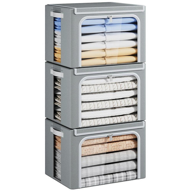Yecaye Clothes Storage Bins with Metal Frame, 40L Foldable Clothing Storage Bins with Lid, Stackable Zippered Clothes Storage Bags, Oxford Fabric Organizer Box With Clear Window＆ PU Leather Handles