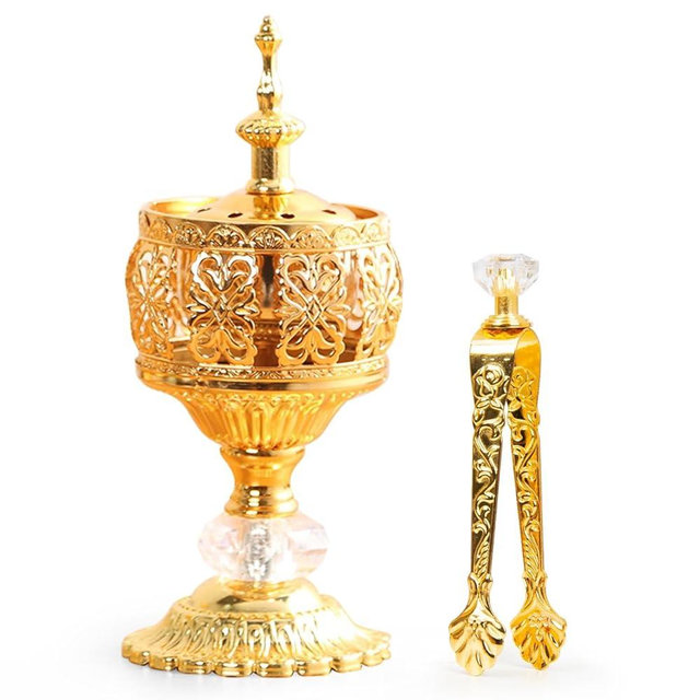 Xisakaca Gold Incense Burner Holder, Bakhoor Frankincense Charcoal Censer Resin Stand with Tongs, Ideal for Aromatherapy Yoga Spa, Home Christian Church Decor