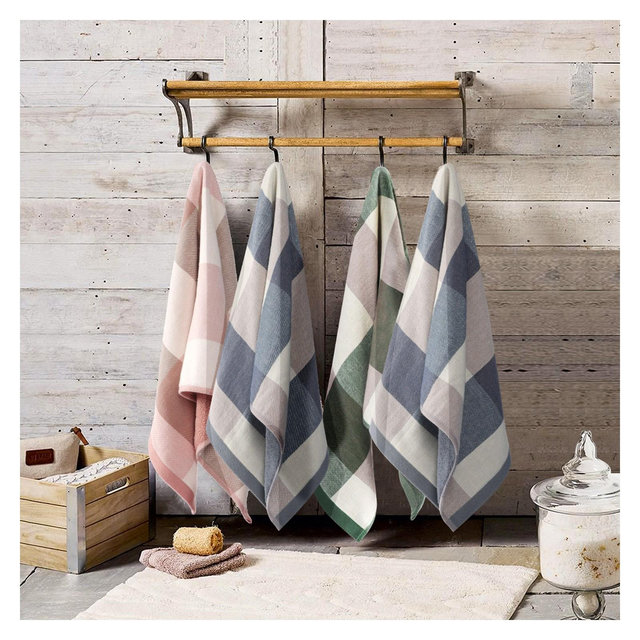 6 Pcs 13" x 29" 100% Cotton Plaid Absorbent Kitchen Towel Blue and White - PiccoCasa