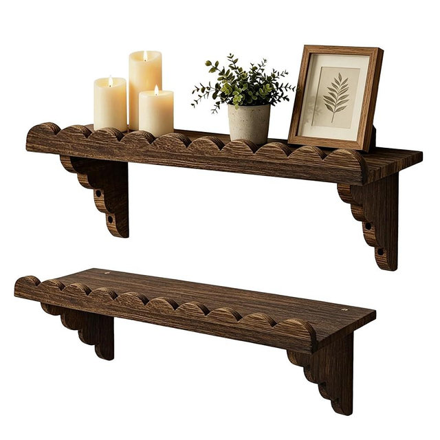 Knowearth Scalloped Wood Wall Shelf – 17 Inch Floating Shelf with Wood Brackets, Easy to Install Rustic Wall Shelf for Living Room, Bedroom, Bathroom