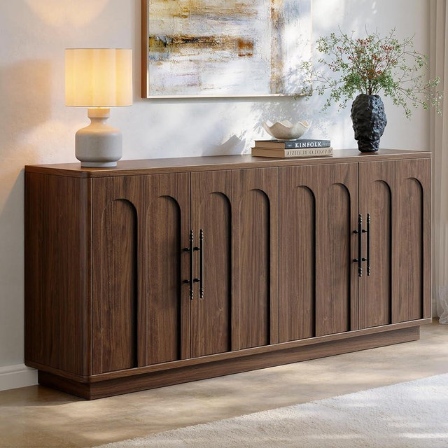 Evermagin 67" Arched Walnut Buffet Cabinet with Storage, Large Credenza with 4 Doors, Wood Mid Century Modern Sideboard for Kitchen and Living Room (67"*31.5"*15.7")
